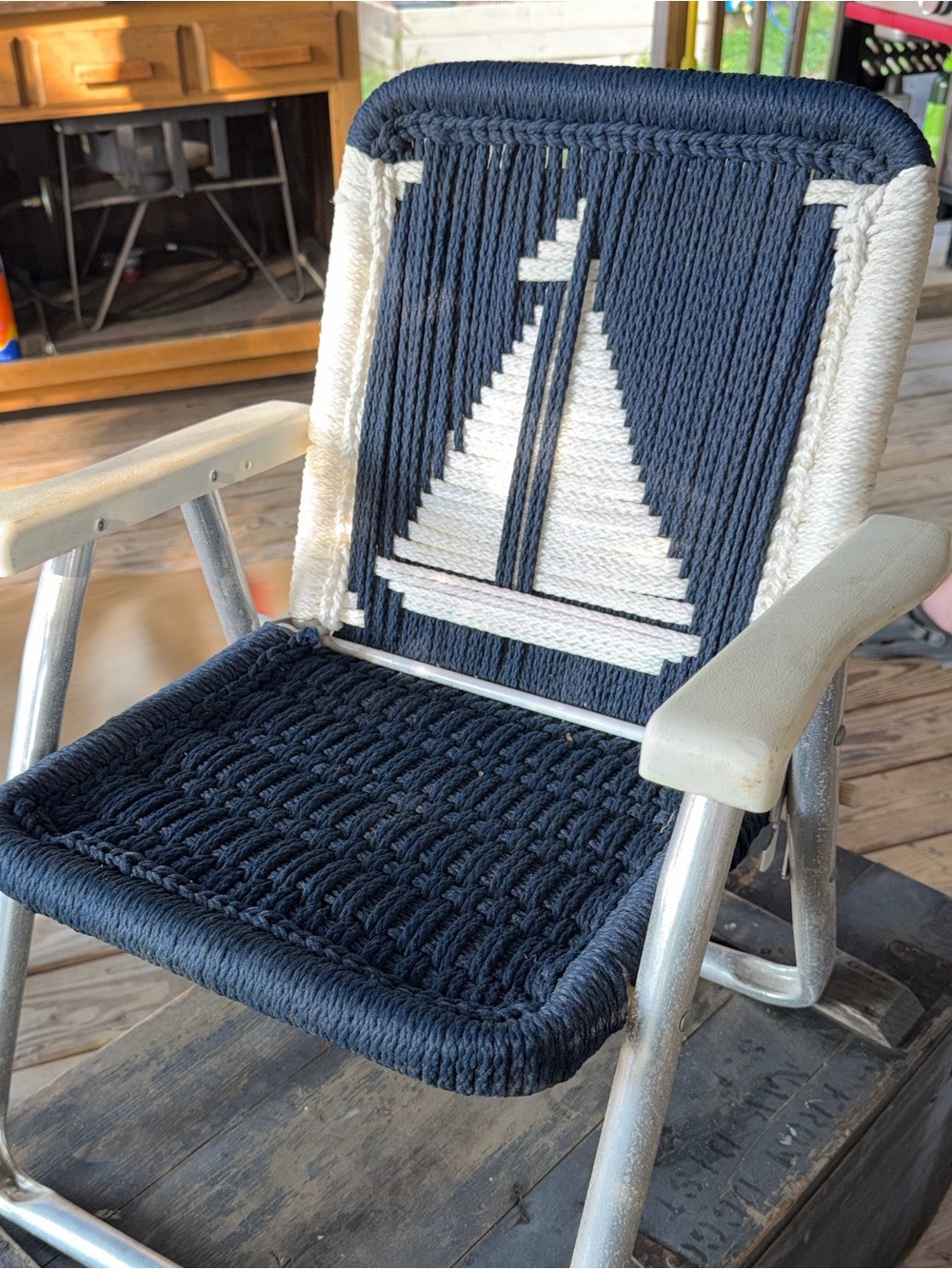 Macrame Woven Sailboat Kids Chair - Aluminum Navy and White - Picture 2 of 9